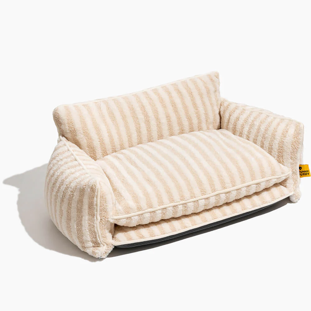 Trendy Striped Faux Lambswool Double Layer Cat Sofa Bed - Image 12