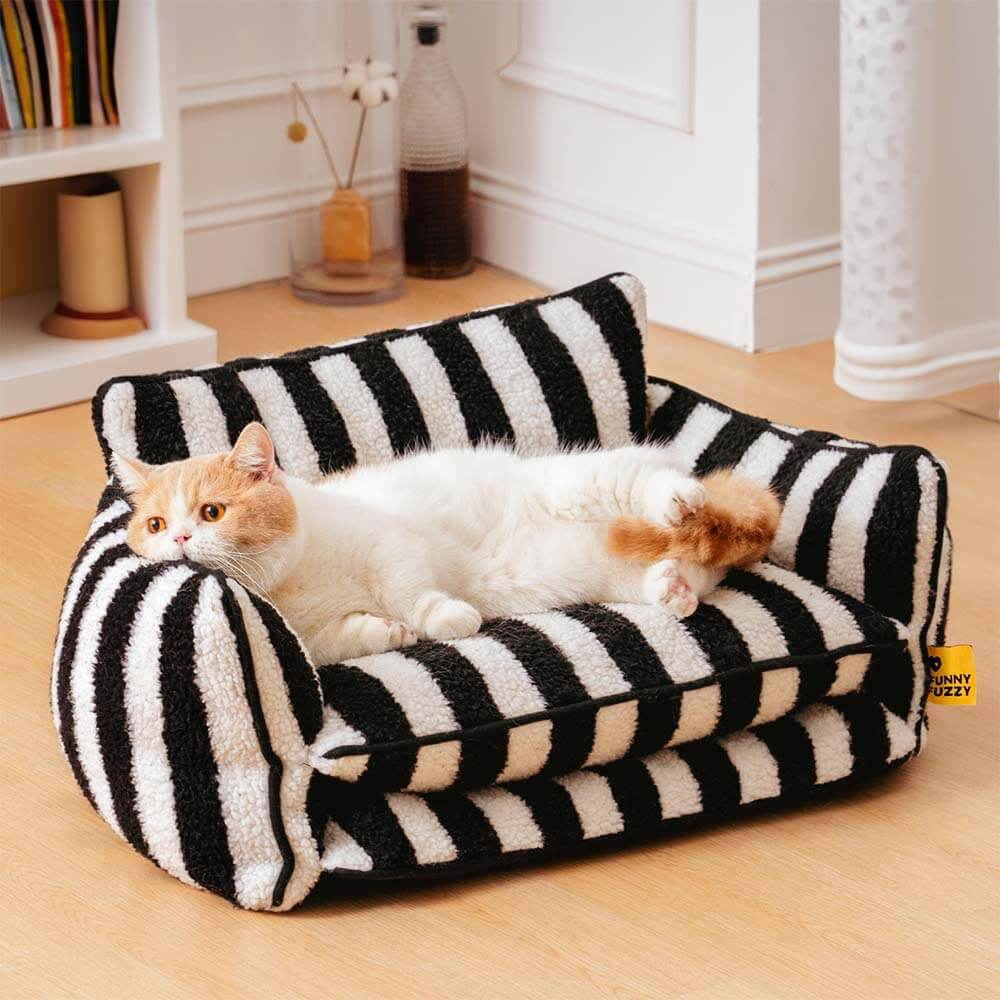 Trendy Striped Faux Lambswool Double Layer Cat Sofa Bed - Image 7