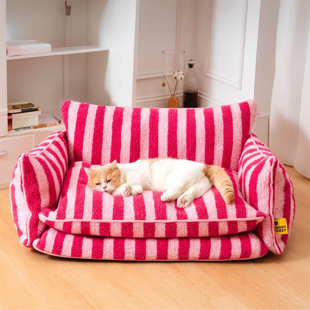 Trendy Striped Faux Lambswool Double Layer Cat Sofa Bed - Image 9