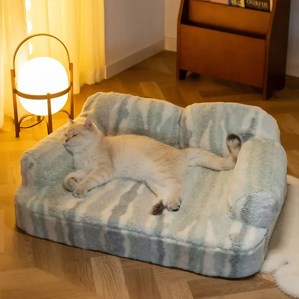 Trendy Tie-Dye Faux Lamb Wool Spine Protection Snuggly Dog Sofa Bed - Image 14