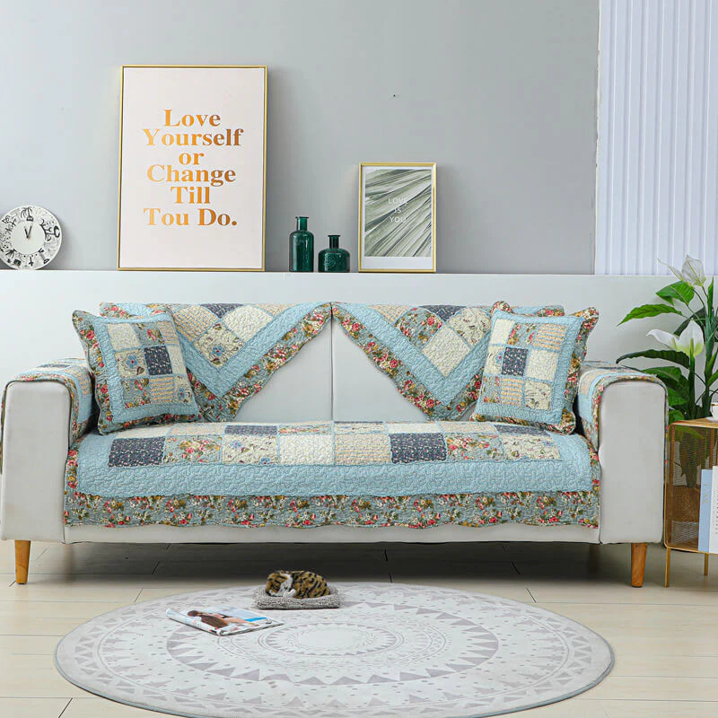 Vintage Flower Plaid Cotton Couch Cover - Image 4